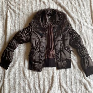 Brown winter fall coat fur trim Alberto makali puffer jacket with pockets